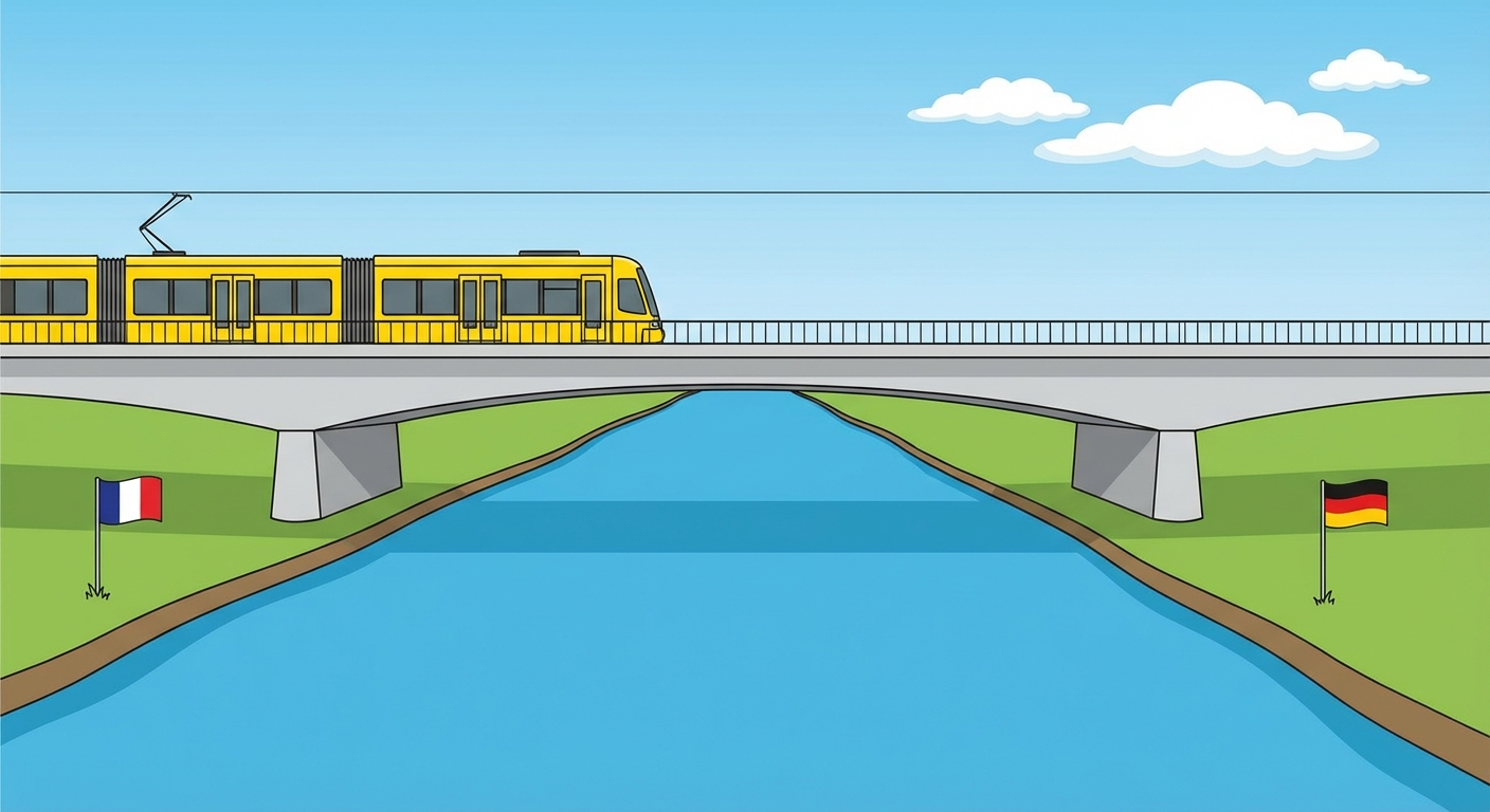 Dessin d'un pont moderne en béton traversant une rivière bleue, avec un tramway jaune vif qui roule sur le pont de la gauche vers la droite. Sur la rive gauche, il y a un petit drapeau bleu blanc rouge planté dans l'herbe, et sur la rive droite, un drapeau noir rouge jaune. Le ciel est clair avec quelques nuages blancs.