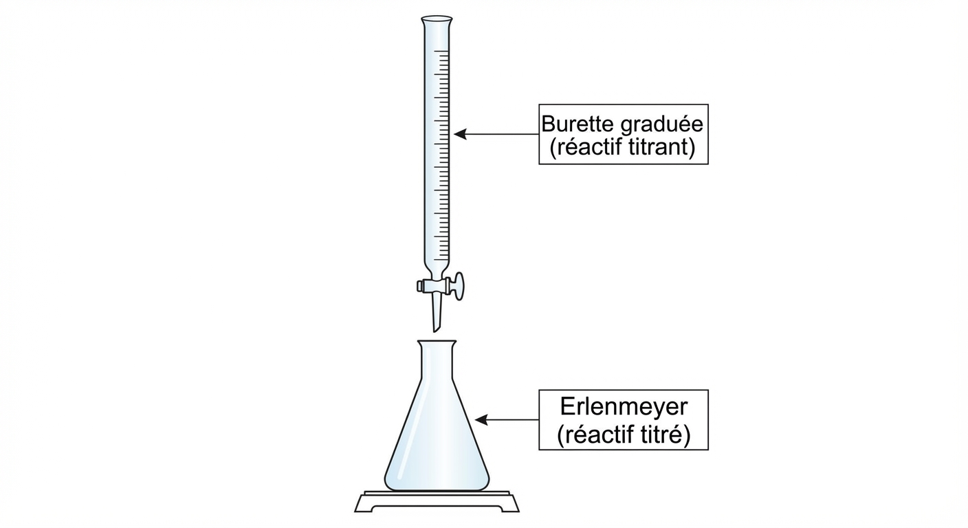 Schéma 2D éducatif simple sur fond blanc : burette graduée verticale (réactif titrant) au-dessus d'un erlenmeyer (réactif titré). Une légende claire identifie les deux contenants.