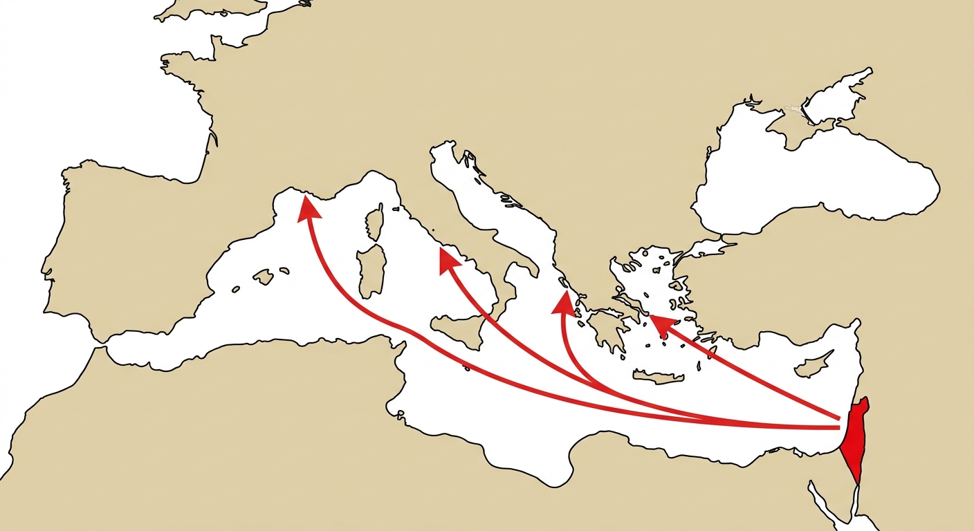 Carte simplifiée du bassin méditerranéen sur fond clair. Une zone est coloriée en rouge autour de la Judée. Des flèches rouges partent de cette zone vers la Grèce, l'Italie (Rome) et le sud de la France. Le reste de la carte est beige.