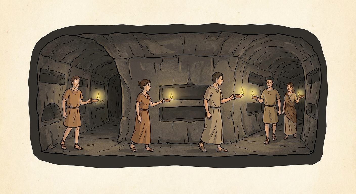 Dessin réaliste d'un tunnel souterrain en pierre sombre (catacombe). Sur les murs, des niches creusées. Quelques personnes en tuniques romaines simples tiennent des lampes à huile qui éclairent faiblement la scène.