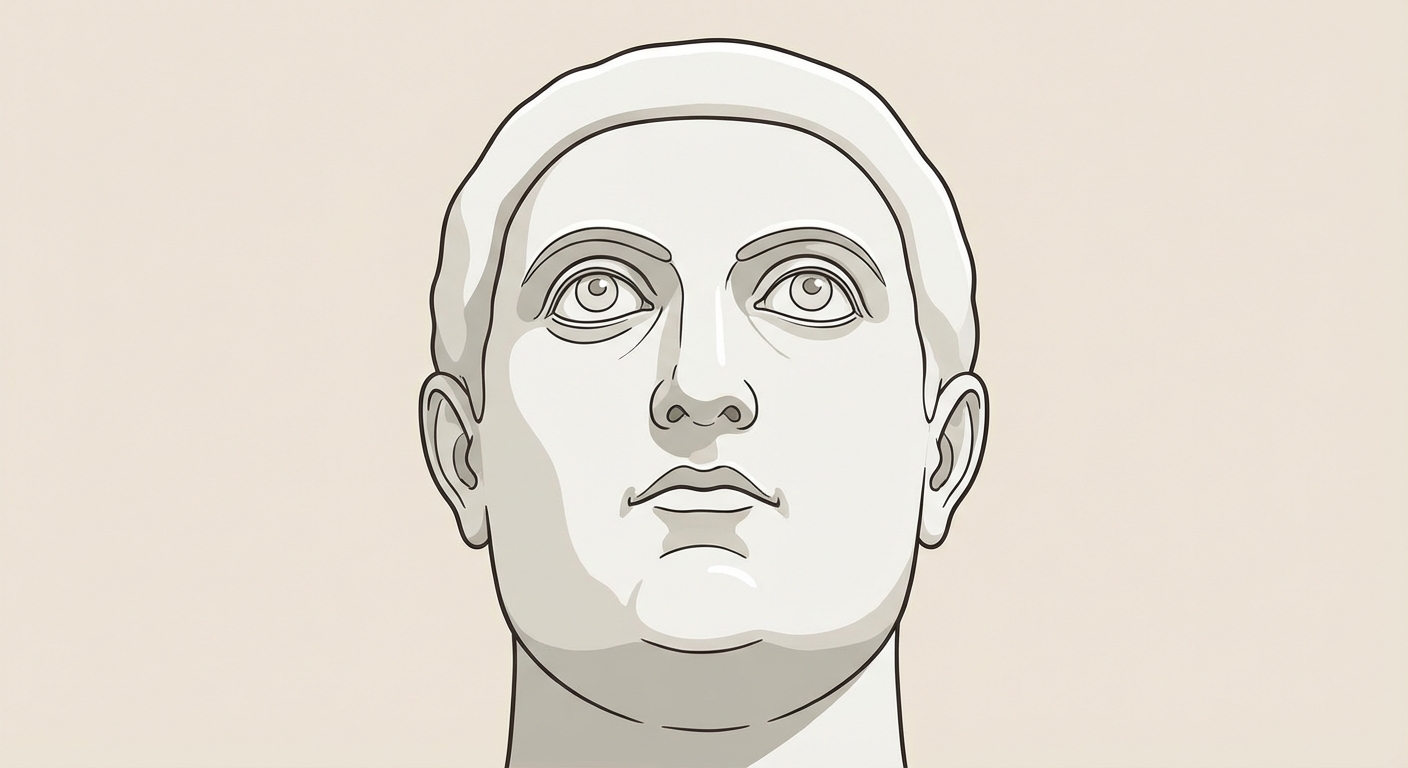 Tête d'une statue romaine en marbre blanc représentant un empereur. Le visage est lisse, les yeux sont grands et regardent vers le ciel. Le style est antique et majestueux.