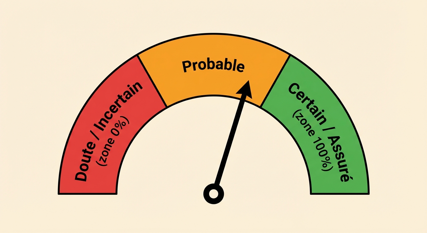 Dessin simple d'une jauge de vitesse en demi-cercle. À gauche, en rouge, il est écrit 'Doute / Incertain' (zone 0%). Au milieu, en orange, 'Probable'. À droite, en vert, il est écrit 'Certain / Assuré' (zone 100%). Une aiguille noire pointe vers la zone orange du milieu.