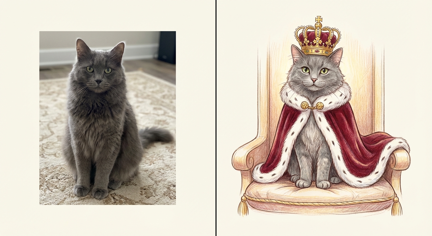 Illustration divisée en deux parties. À gauche, une photo réaliste et neutre d'un chat gris assis sur un tapis. À droite, un dessin du même chat mais représenté comme un roi majestueux avec une couronne dorée et une cape, symbolisant le regard admiratif du propriétaire.