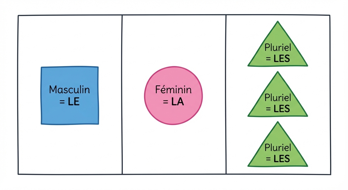Tableau simple à 3 colonnes sur fond blanc. Colonne 1 : un carré bleu avec écrit 'Masculin = LE'. Colonne 2 : un rond rose avec écrit 'Féminin = LA'. Colonne 3 : plusieurs triangles verts avec écrit 'Pluriel = LES'.