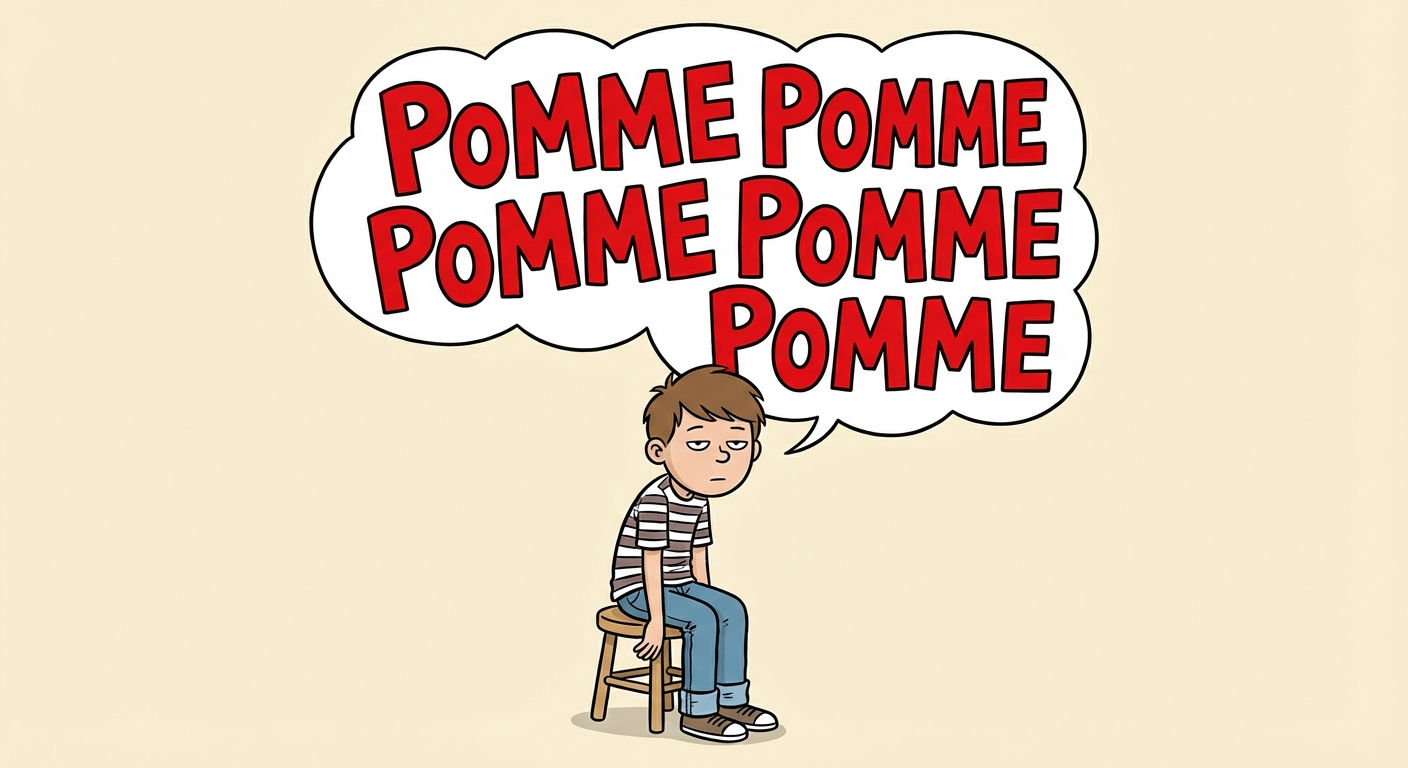 Dessin style bande dessinée enfantine. Un garçon a l'air ennuyé. Dans une bulle au-dessus de lui, le mot 'POMME' est écrit 5 fois en gros caractères rouges encombrants.