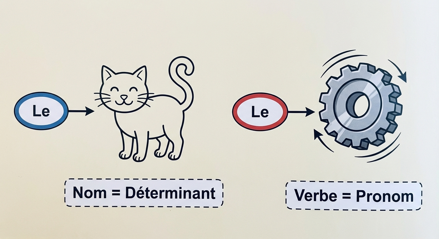 Schéma comparatif simple. À gauche, une étiquette 'Le' fléchée vers un dessin de chat, sous-titré 'Nom = Déterminant'. À droite, une étiquette 'Le' fléchée vers un symbole de rouage en mouvement, sous-titré 'Verbe = Pronom'.