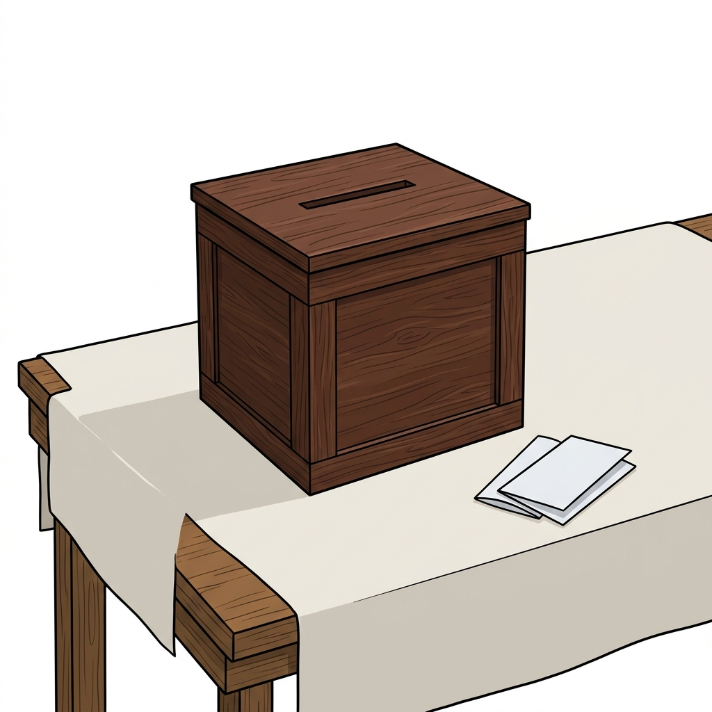 Illustration pédagogique pour un cours de histoire, niveau 4e (collège, ~13 ans). Style : manuel scolaire, traits nets, fond clair de préférence. N'AJOUTE PAS de texte, de chiffres, de lettres ou de symboles dans l'image (aucune légende, aucune opération, aucun titre), à part si on te le demande clairement. N'ajoute pas d'objets, de personnages ou de décor qui ne sont pas mentionnés. Si un nombre d'objets est indiqué, dessine EXACTEMENT ce nombre (pas plus, pas moins). Tu dois représenter STRICTEMENT la scène suivante, en respectant les quantités et la disposition décrites (n'ajoute rien, n'enlève rien) : Dessin historique simple sur fond clair représentant une boîte d'urne électorale en bois sombre fermée avec une fente sur le dessus, posée au centre d'une table en bois recouverte d'une nappe unie. Deux bulletins de vote pliés en papier blanc sont posés à côté de l'urne.
