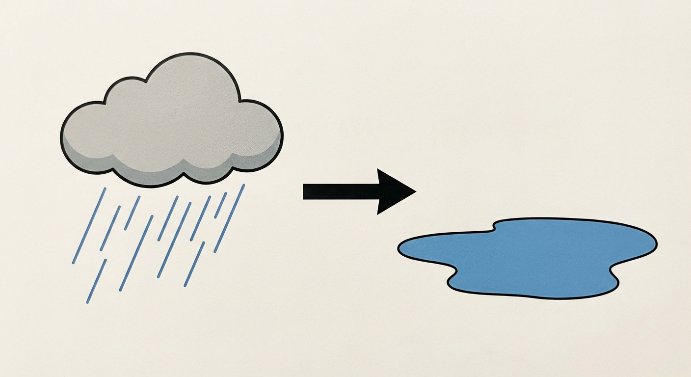 Dessin simple style bande dessinée : à gauche, un nuage gris avec de la pluie qui tombe. Une flèche noire pointe vers la droite. À droite, une flaque d'eau bleue sur le sol.