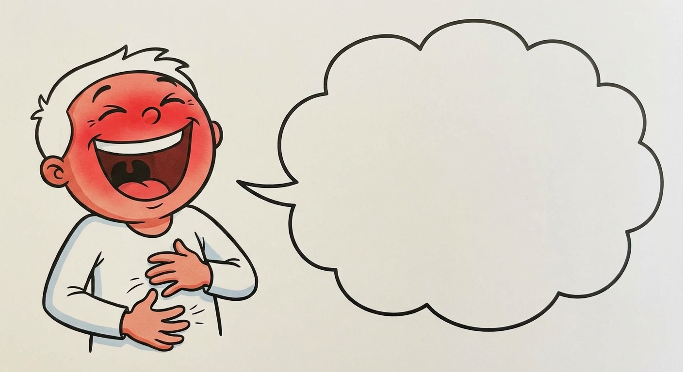Dessin d'un personnage de dessin animé avec le visage tout rouge qui rit aux éclats, se tenant le ventre. À côté, un phylactère (bulle de parole) vide pour symboliser le bruit.
