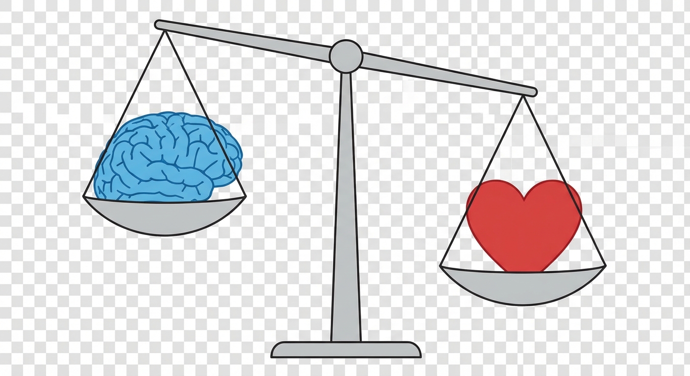 Dessin d'une balance à deux plateaux. Sur le plateau de gauche, un cerveau stylisé bleu (symbole de raison/convaincre). Sur le plateau de droite, un cœur rouge (symbole d'émotion/persuader). La balance penche légèrement du côté du cœur.
