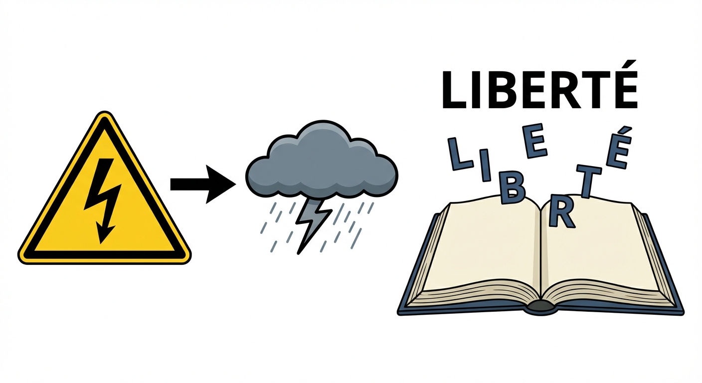 Dessin simple style scolaire. À gauche, un panneau 'danger' triangulaire avec un éclair (signal fixe), une flèche pointe vers un nuage d'orage. À droite, un livre ouvert avec des lettres qui s'envolent formant le mot 'LIBERTÉ' (symbole abstrait). Fond blanc épuré.