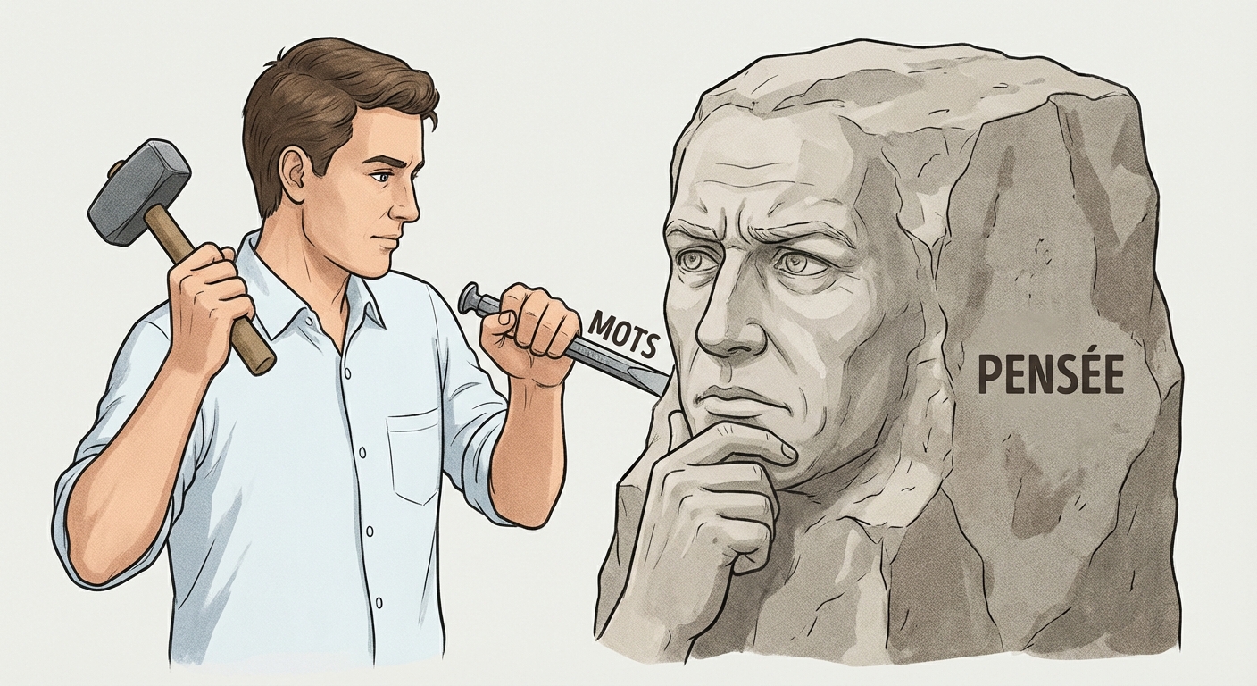 Illustration réaliste : un sculpteur avec un marteau et un burin travaillant sur un bloc de pierre brute. Le bloc commence à prendre la forme d'un visage humain pensif. Le burin est étiqueté 'MOTS' et la pierre 'PENSÉE'.