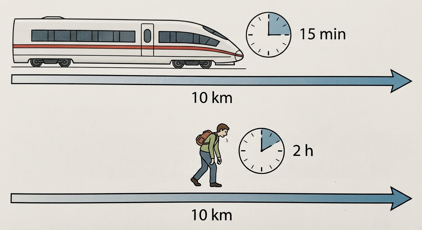 Schéma simple sur fond blanc. Deux flèches horizontales de même longueur indiquent toutes les deux '10 km'. Au-dessus de la première flèche, un dessin de train rapide et une horloge indiquant '15 min'. Au-dessus de la deuxième flèche, un personnage qui marche péniblement et une horloge indiquant '2 h'.