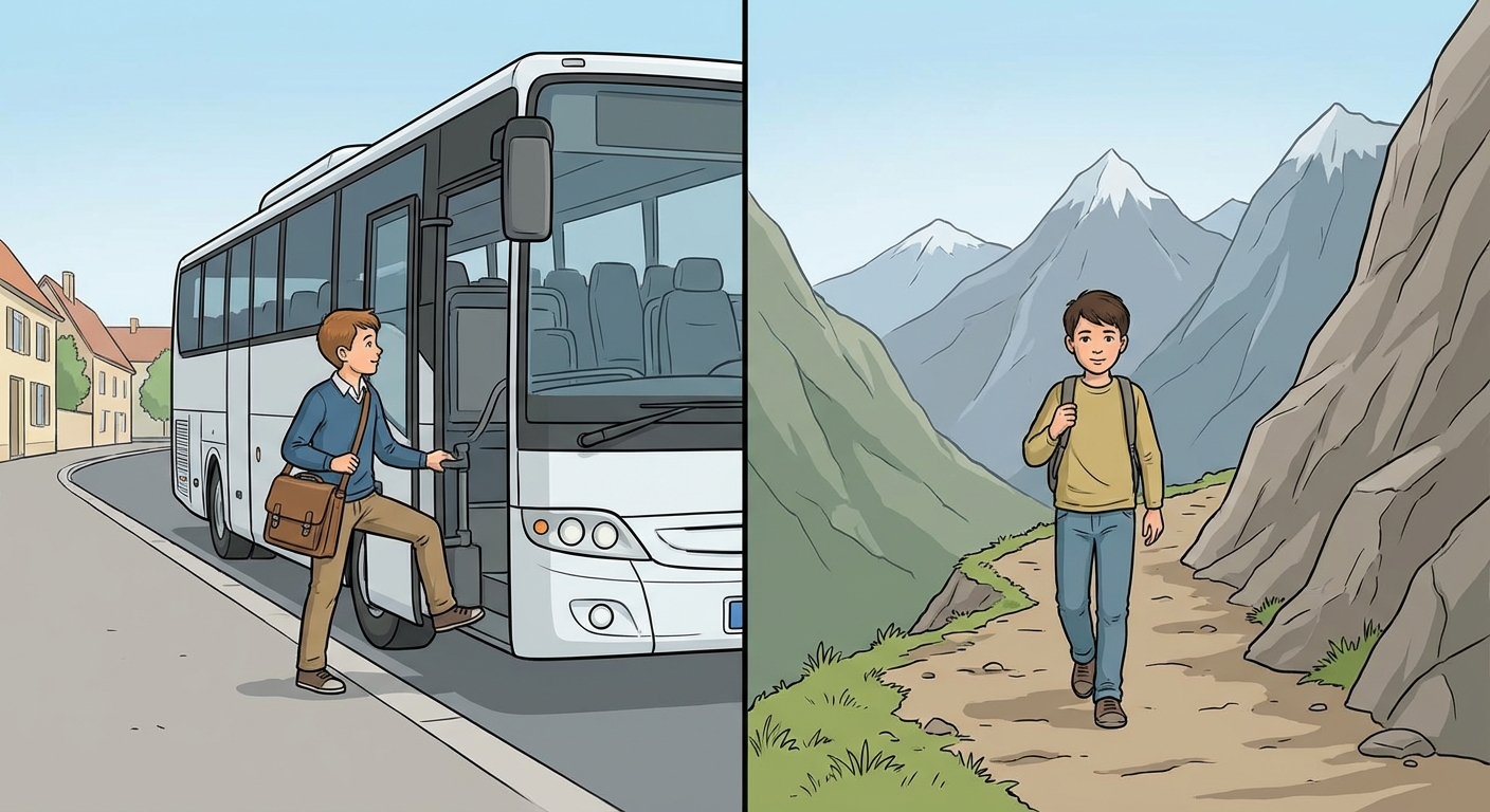 Image divisée en deux parties verticales. À gauche, un écolier français avec un cartable monte dans un autocar moderne sur une route goudronnée. À droite, un écolier du même âge marche sur un sentier de terre difficile en montagne, portant un sac à dos simple, sans aucun véhicule à l'horizon.