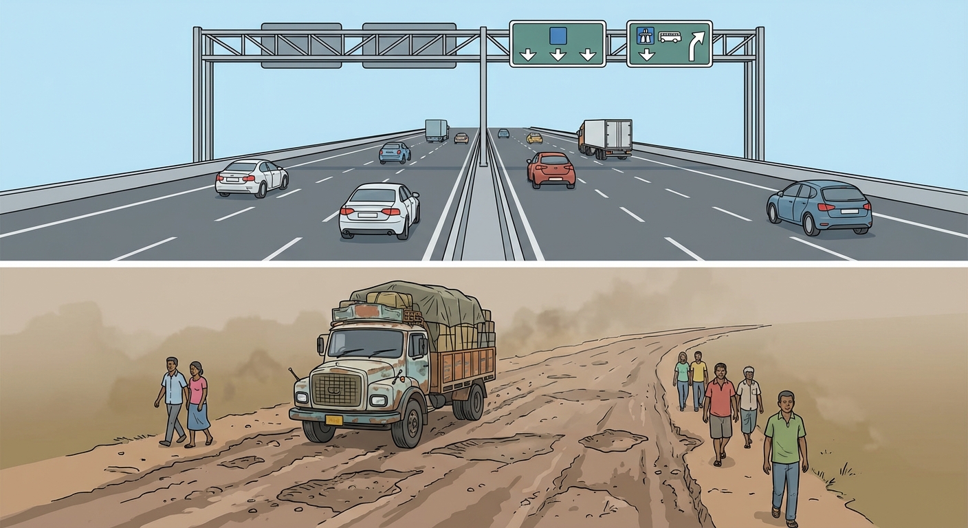 Illustration réaliste divisée en deux. En haut : une autoroute large, bien entretenue, avec des panneaux clairs et des voitures récentes. En bas : une piste en terre battue avec des nids-de-poule, un vieux camion chargé de marchandises et des piétons qui marchent sur le bord de la route.