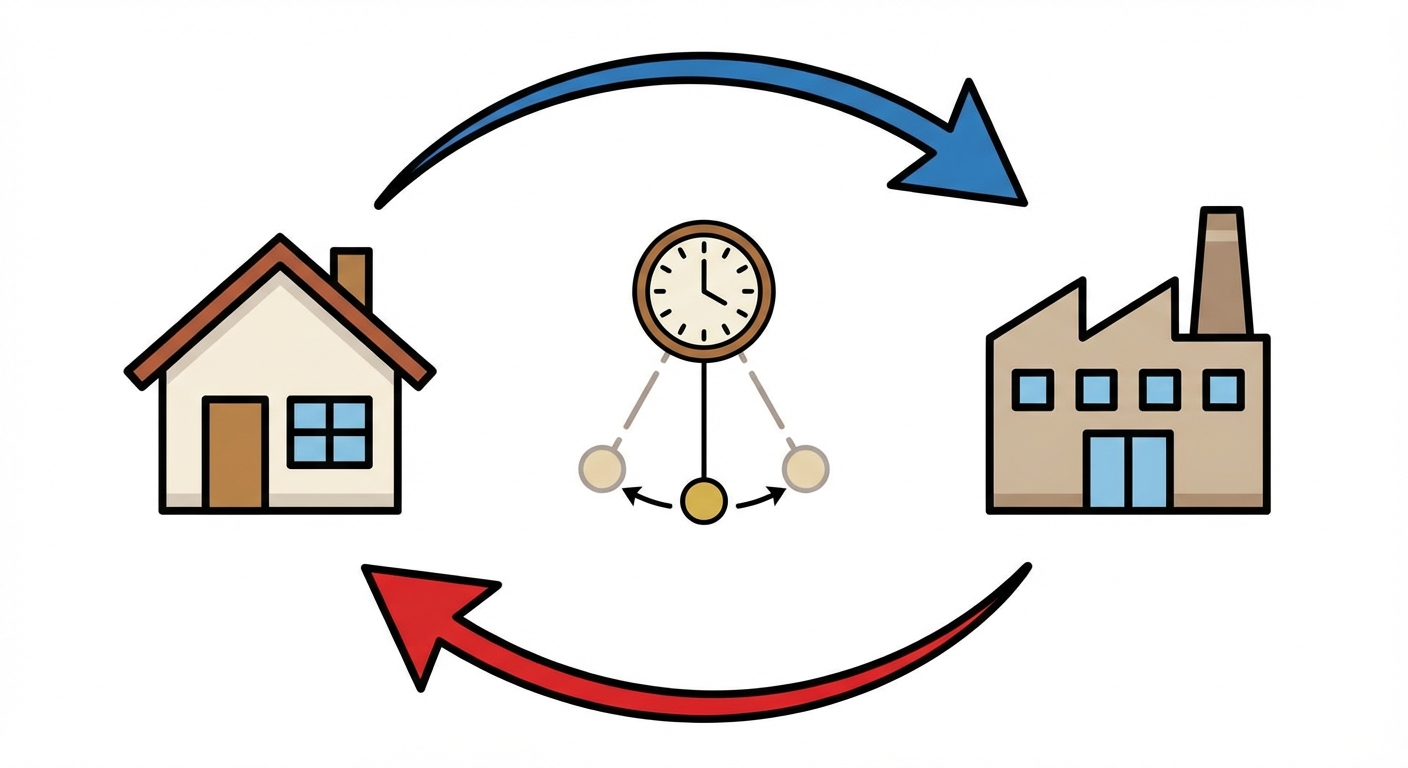 Schéma pédagogique simple sur fond blanc. À gauche une maison, à droite une usine/école. Une flèche bleue va de la maison vers le lieu de travail, une flèche rouge revient vers la maison. Au centre, un dessin simplifié d'un pendule d'horloge ancienne qui se balance.