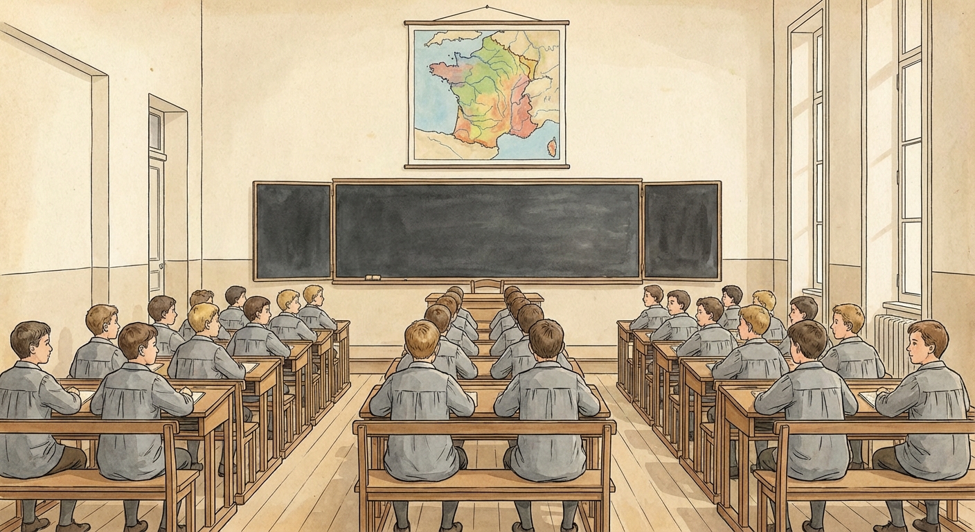 Salle de classe ancienne année 1890. Des élèves garçons en blouses grises sont assis à des pupitres en bois alignés face à un tableau noir. Au mur, une grande carte de France colorée.