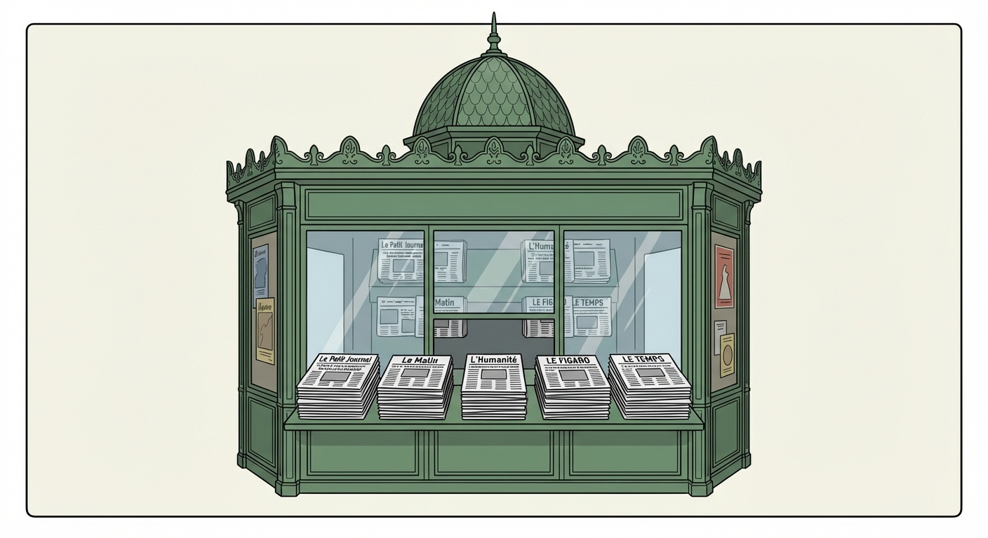 Un kiosque à journaux parisien de style 1900 en métal vert. Sur le comptoir, 5 piles distinctes de journaux en noir et blanc avec des gros titres visibles.