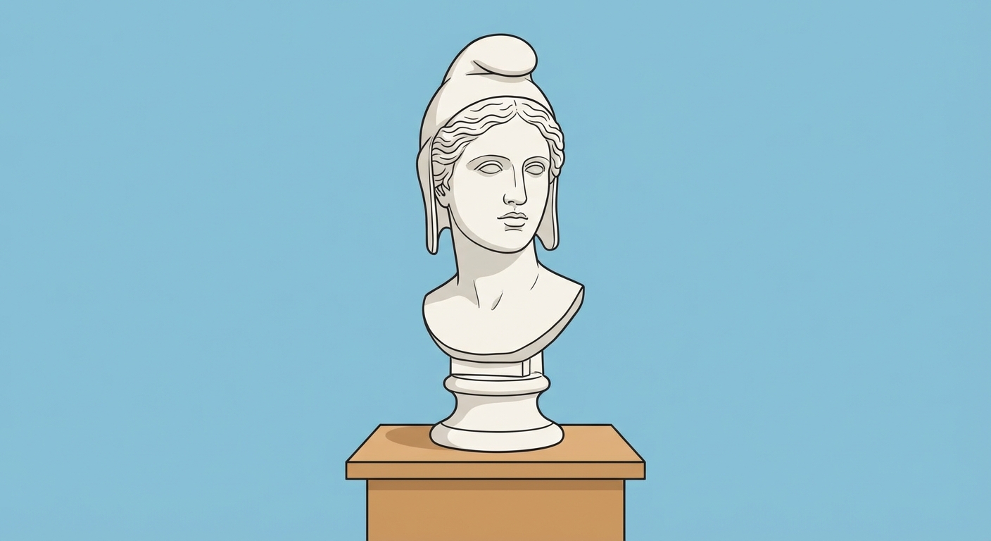 Buste classique de Marianne en plâtre blanc posé sur un socle en bois. Elle porte un bonnet phrygien sur la tête. Le fond est un mur bleu clair uni.