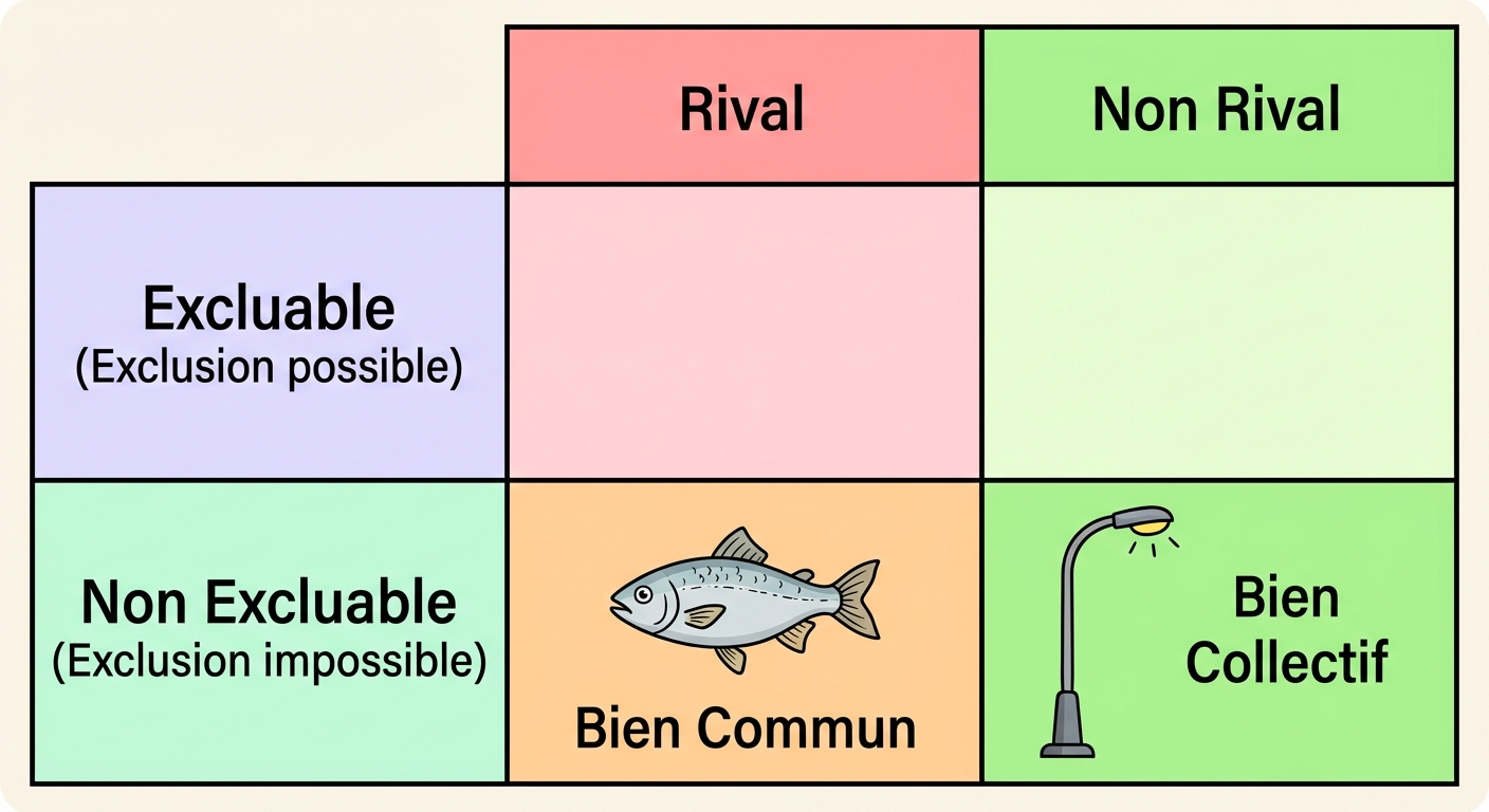 Tableau à double entrée simple et coloré. En haut deux colonnes : 'Rival' et 'Non Rival'. À gauche deux lignes : 'Excluable (Exclusion possible)' et 'Non Excluable (Exclusion impossible)'. La case (Rival, Non Excluable) contient un dessin de poisson et le texte 'Bien Commun'. La case (Non Rival, Non Excluable) contient un dessin de lampadaire et le texte 'Bien Collectif'.