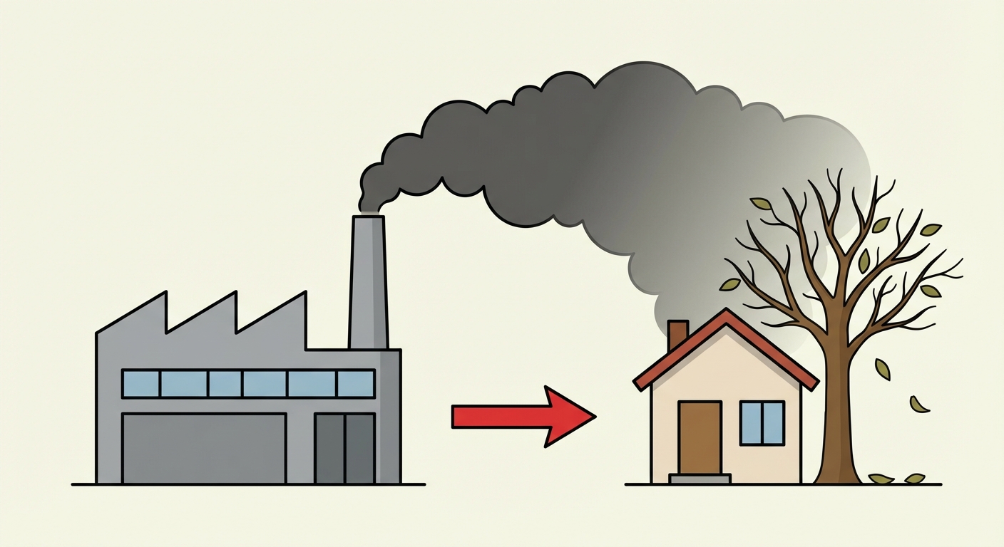 Illustration vectorielle simple style scolaire. À gauche, une usine grise avec une cheminée qui rejette un nuage de fumée sombre. À droite, une petite maison avec un arbre qui perd ses feuilles à cause de la fumée. Une flèche rouge part de l'usine vers la maison.