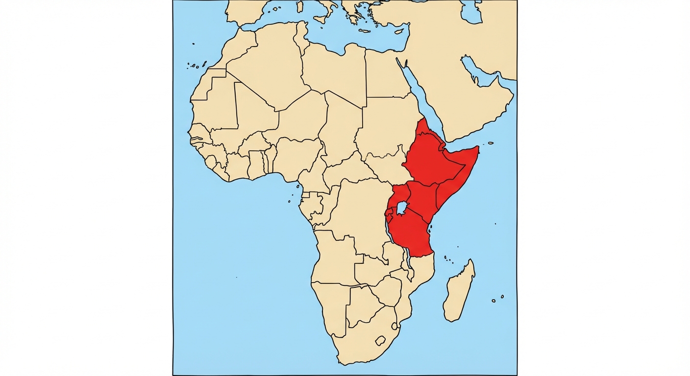 Carte géographique simple du continent africain sur fond blanc. Une zone rouge vif est coloriée au niveau de l'Afrique de l'Est pour marquer l'origine. Le reste de l'Afrique est beige clair, les océans sont bleu clair.