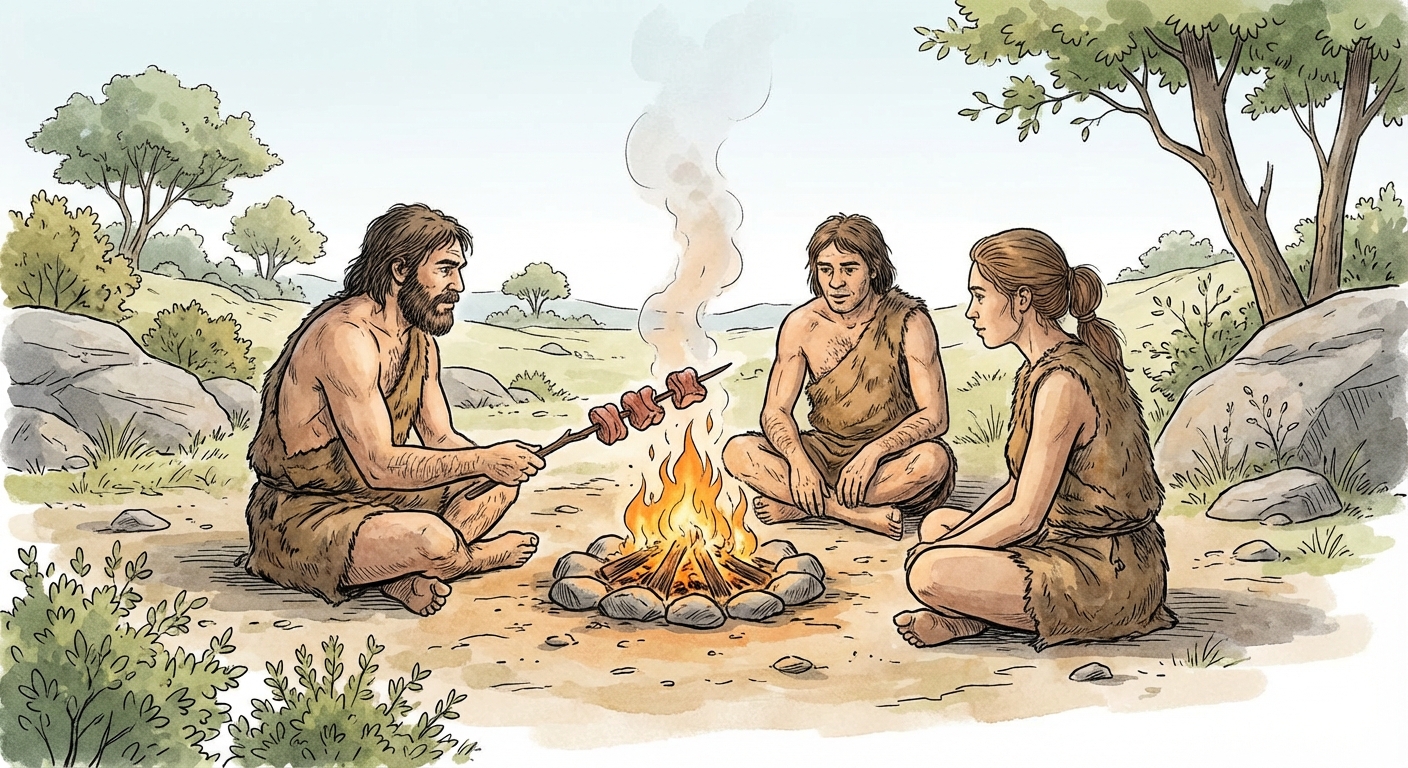 Scène réaliste de préhistoire : un feu de camp au centre. Trois humains vêtus de peaux de bêtes sont assis autour. L'un fait cuire de la viande. Le décor est naturel.