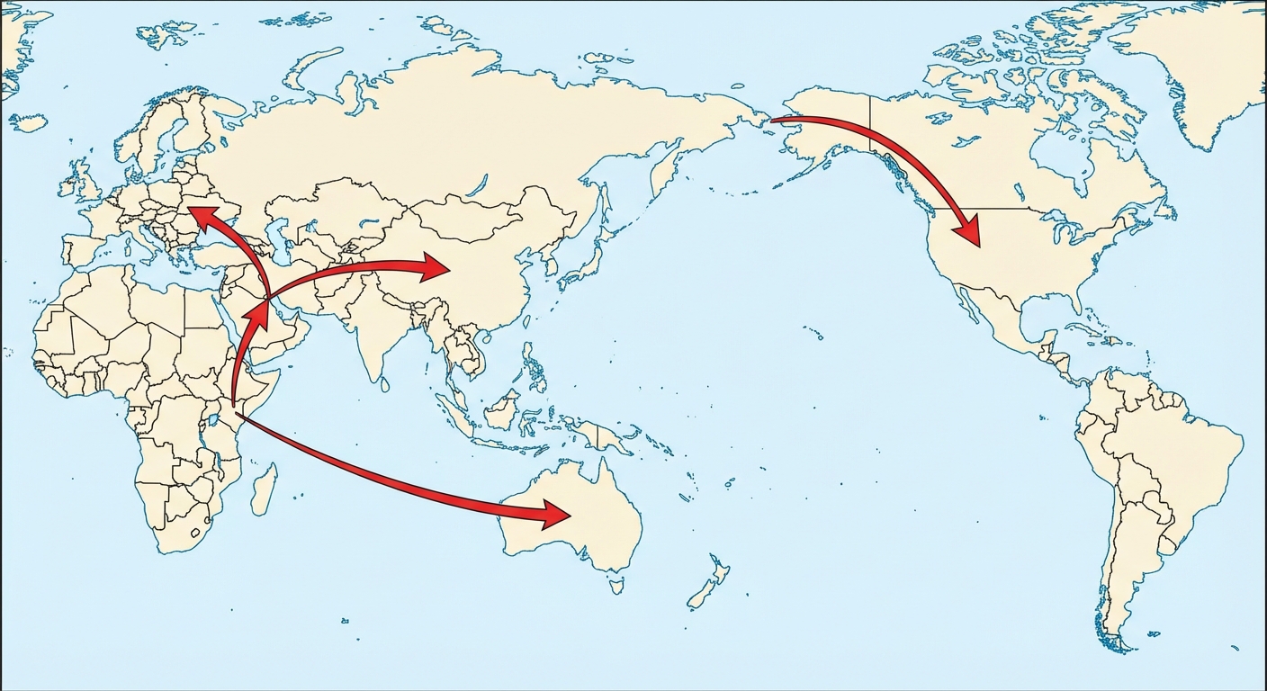 Planisphère mondial à plat. Une flèche rouge part de l'Afrique de l'Est vers le Moyen-Orient, puis se divise vers l'Europe et l'Asie. Une autre flèche va vers l'Australie. Une dernière flèche traverse le détroit de Béring vers l'Amérique.