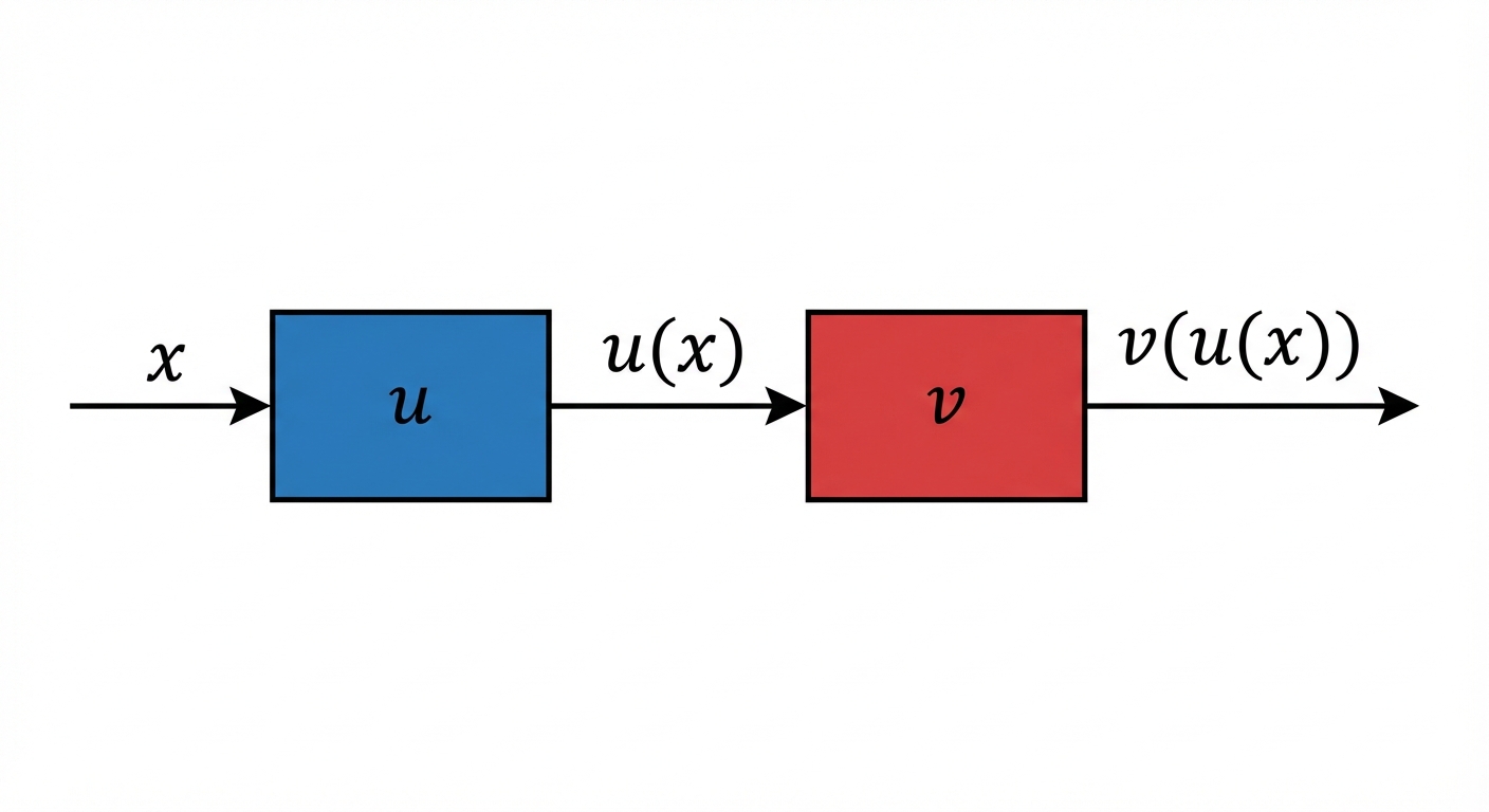 Schéma simple en 2D sur fond blanc. À gauche, une entrée 'x' fléchée vers une boîte bleue nommée 'u'. La sortie est 'u(x)'. Cette sortie entre dans une boîte rouge nommée 'v'. La sortie finale à droite est 'v(u(x))'.