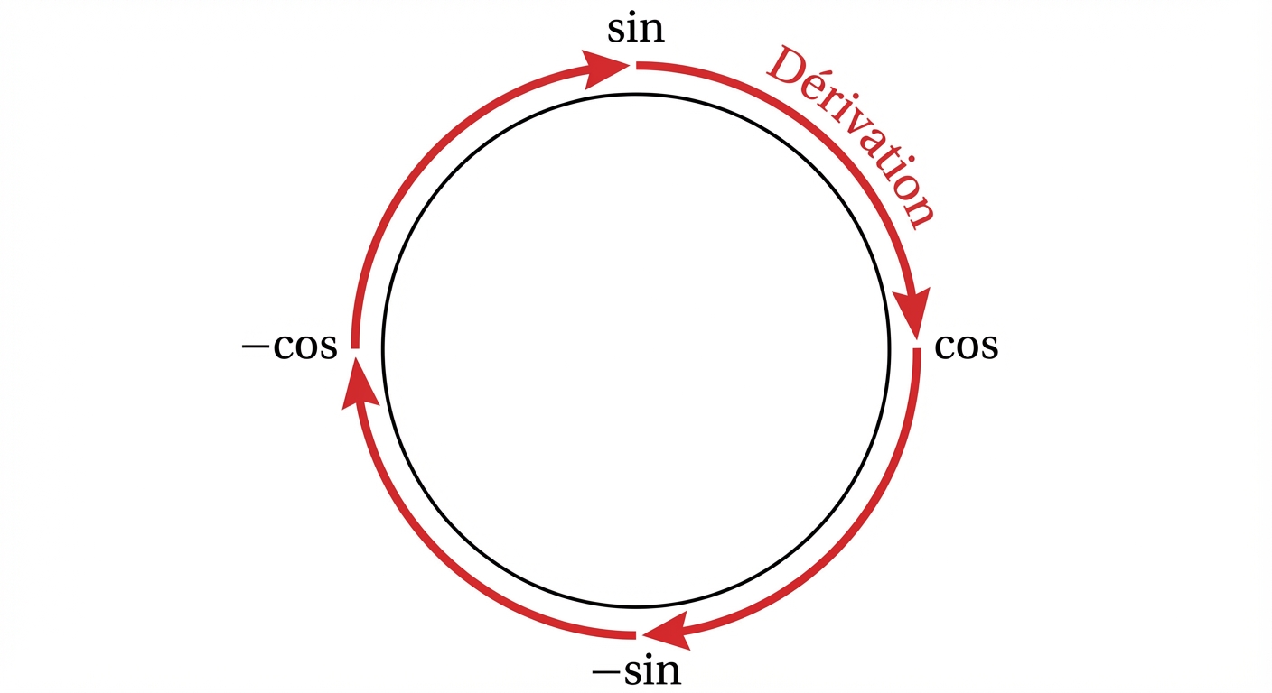 Dessin simple du cercle trigonométrique sur fond blanc. Le mot 'sin' est en haut, 'cos' à droite, '-sin' en bas, '-cos' à gauche. Une flèche courbe rouge tourne dans le sens horaire (aiguilles d'une montre) reliant sin vers cos, cos vers -sin, etc., avec une étiquette 'Dérivation'.