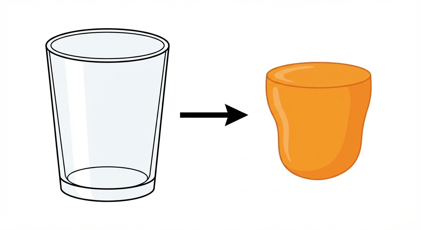 Dessin simple style scolaire sur fond blanc. À gauche, un verre vide en verre transparent. Une flèche noire pointe vers la droite. À droite, le liquide (jus d'orange) sans le verre, flottant en forme de contenu de verre.