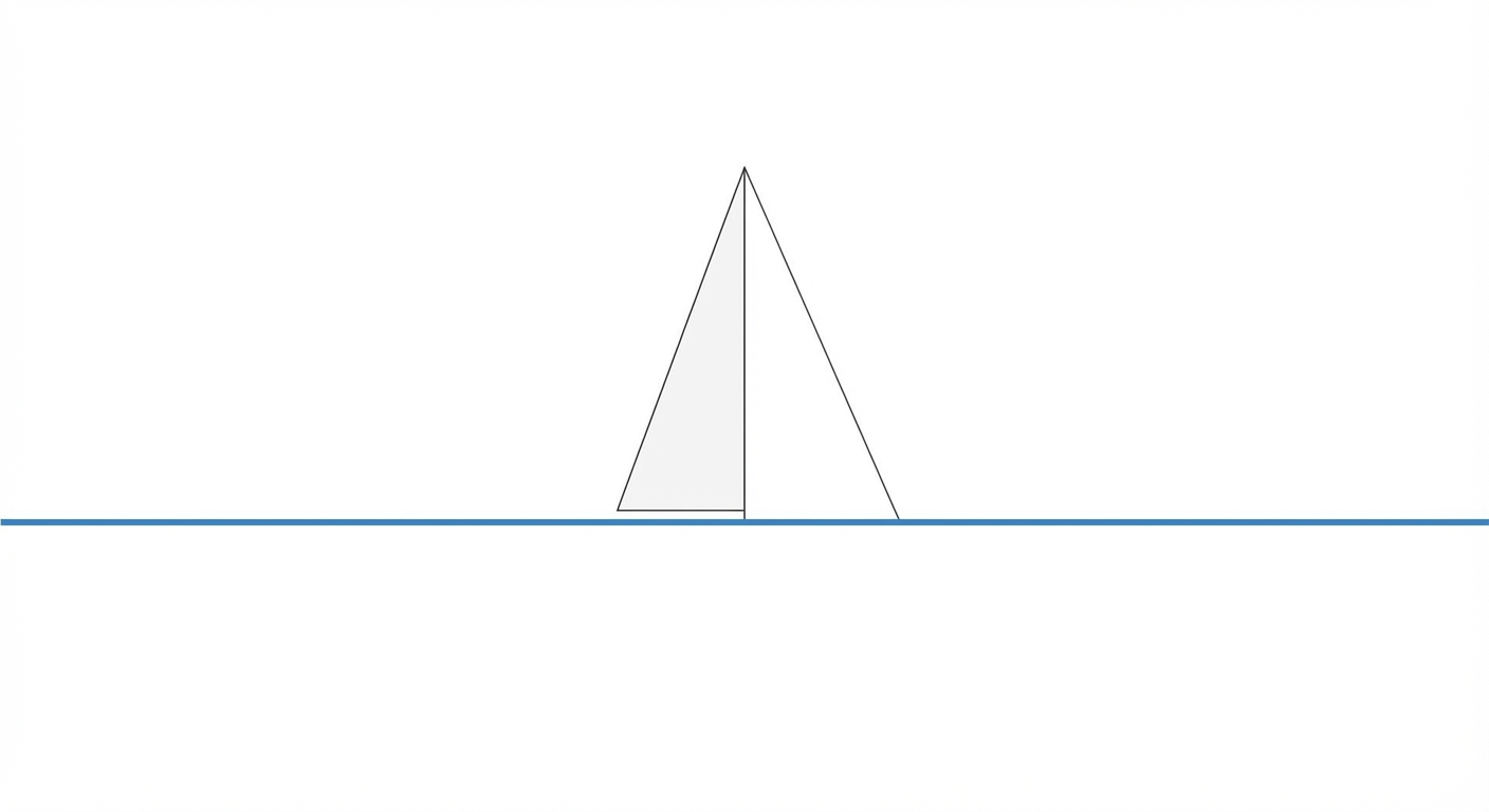 Illustration minimaliste. Une ligne horizontale bleue représentant la mer. Au centre, seule une voile triangulaire blanche est visible, le reste du bateau est absent ou suggéré sous l'eau.