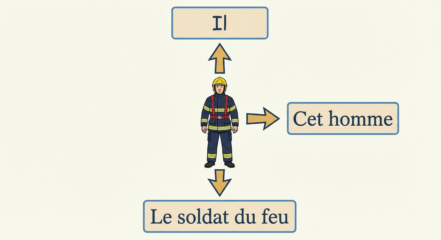 Illustration style bande dessinée simple. Au centre, un pompier en uniforme. Trois flèches partent du pompier vers trois étiquettes : une étiquette 'Il' (pronom), une étiquette 'Cet homme' (groupe nominal), une étiquette 'Le soldat du feu' (synonyme).