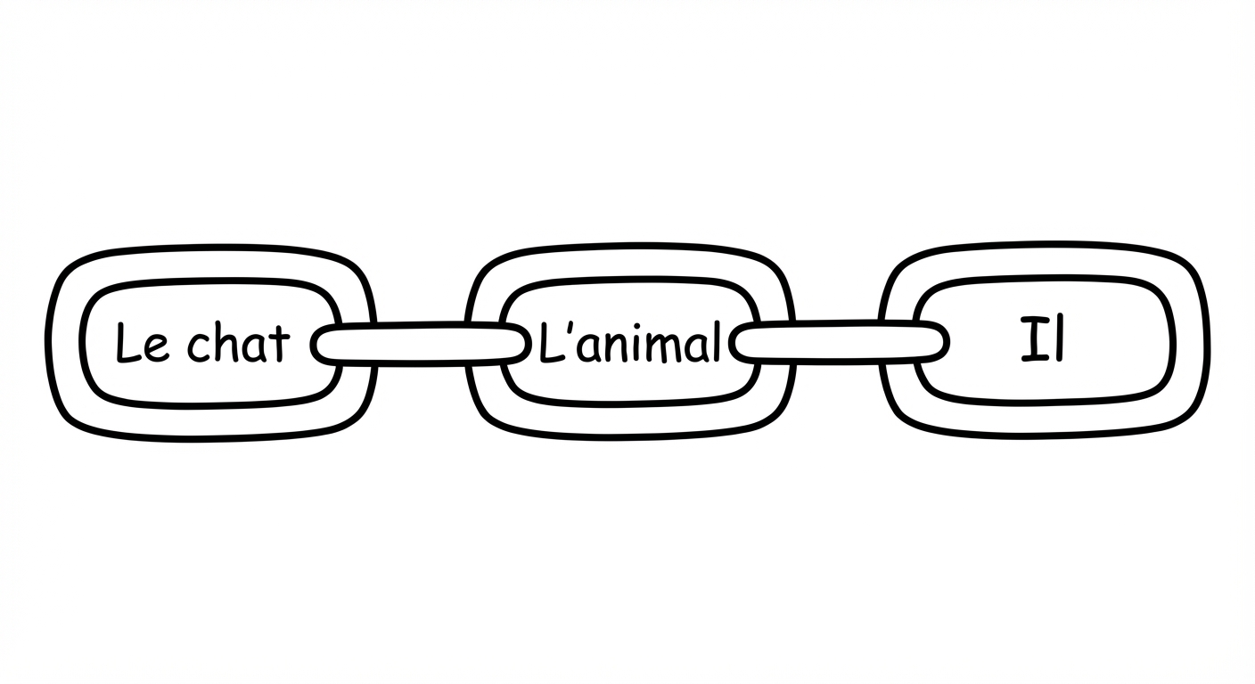 Schéma simple sur fond blanc : trois maillons d'une chaîne reliés horizontalement. Dans le premier maillon à gauche, il est écrit 'Le chat'. Dans le maillon du milieu, il est écrit 'L'animal'. Dans le maillon de droite, il est écrit 'Il'.