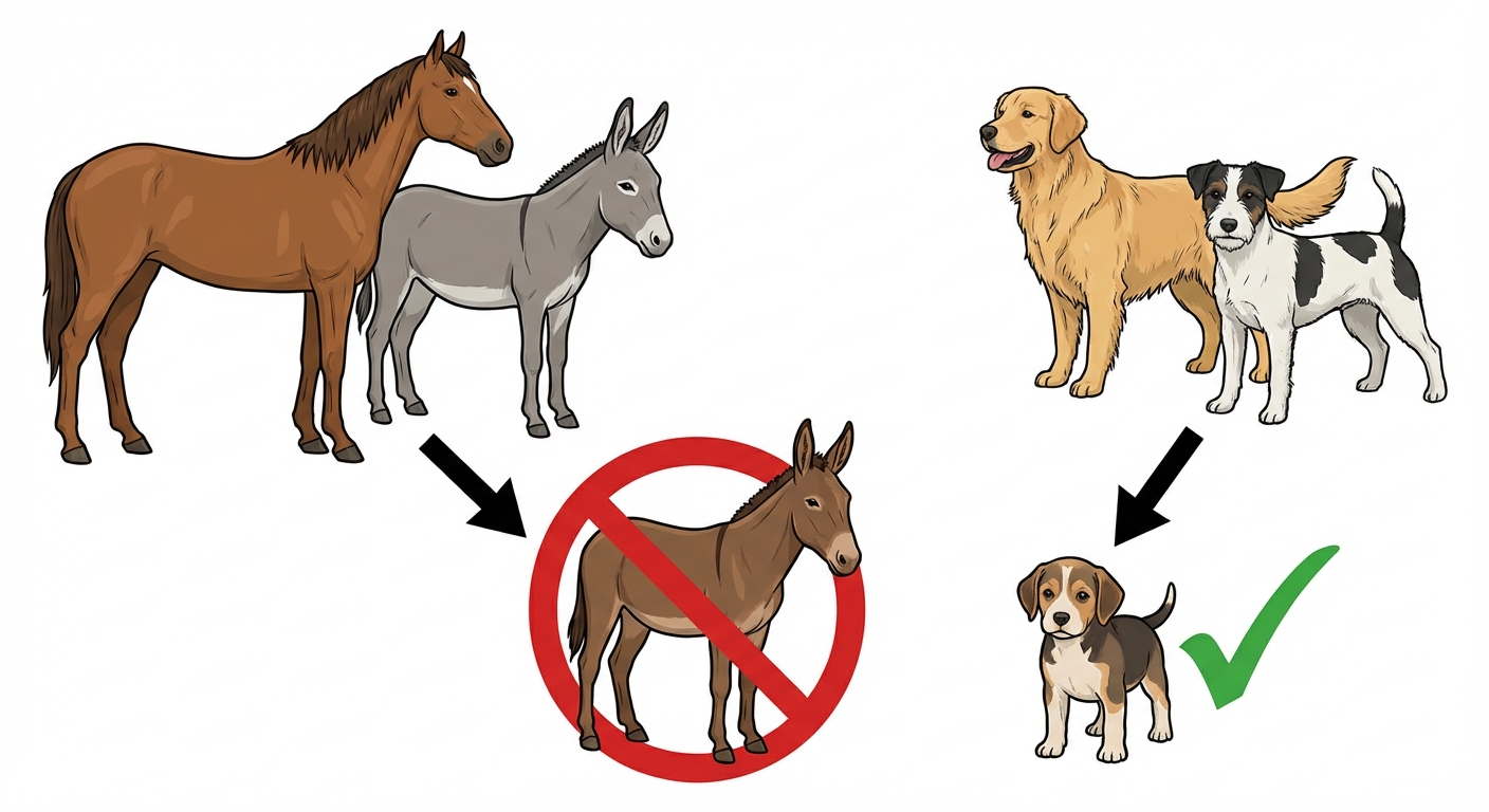 Illustration pédagogique épurée. À gauche : un cheval et une ânesse, flèche vers un mulet avec un panneau sens interdit rouge (stérile). À droite : deux chiens de races différentes, flèche vers un chiot avec un signe validé vert (fertile).