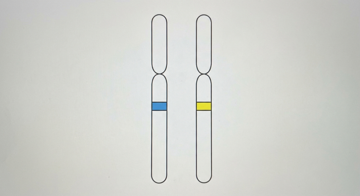 Schéma scientifique simplifié. Une paire de chromosomes (deux bâtonnets verticaux). Une bande colorée sur chaque indique le gène. Sur celui de gauche, la bande est bleue (allèle 1). Sur celui de droite, la bande est jaune (allèle 2).