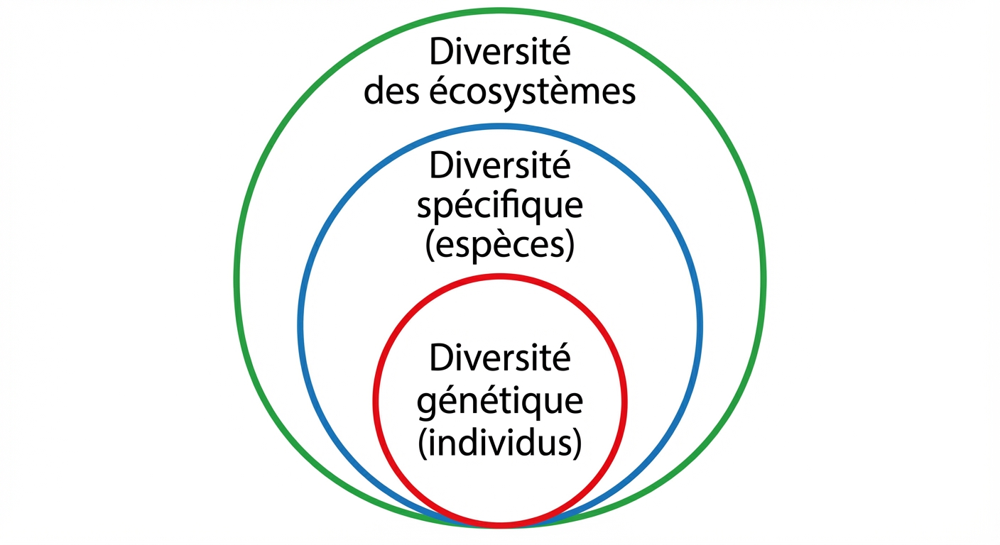 Schéma vectoriel simple sur fond blanc. Trois cercles concentriques. Le grand cercle extérieur vert : 'Diversité des écosystèmes'. Le cercle moyen bleu : 'Diversité spécifique (espèces)'. Le petit cercle central rouge : 'Diversité génétique (individus)'.