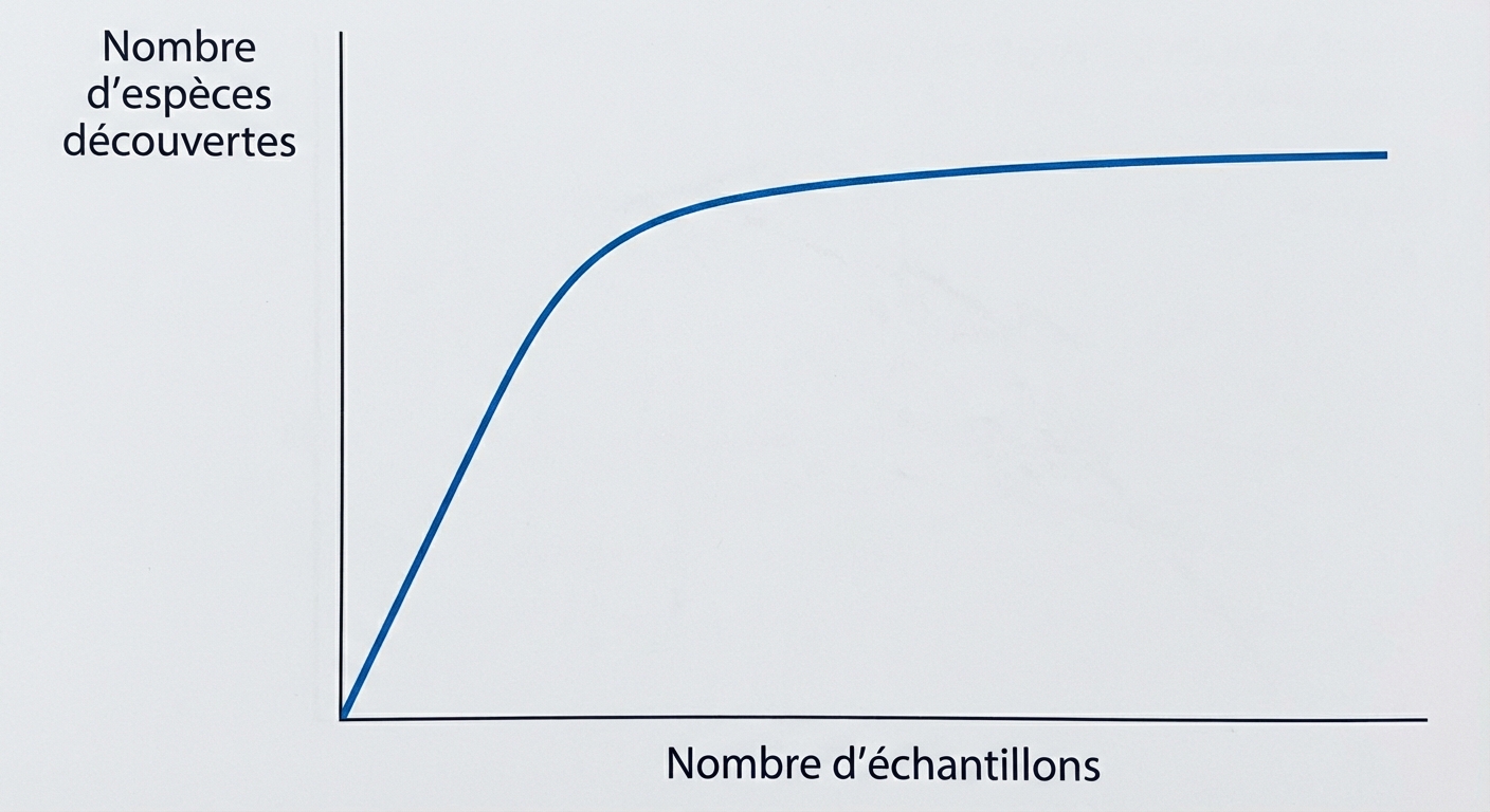 Graphique simple sur fond blanc. Axe X : 'Nombre d'échantillons'. Axe Y : 'Nombre d'espèces découvertes'. Une courbe bleue monte vite puis devient presque plate (plateau).