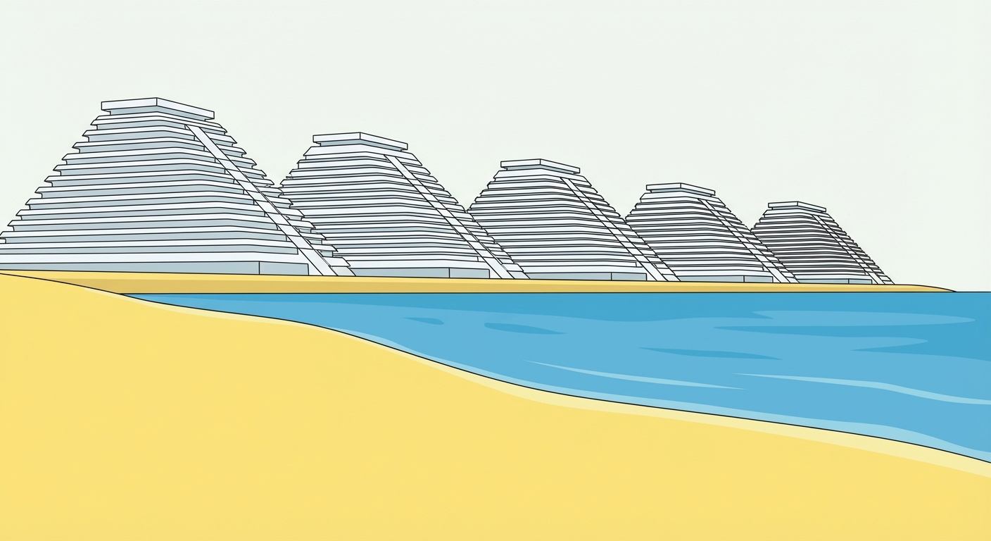 Dessin d'une station balnéaire vue de la plage : sable jaune au premier plan, mer bleue. En arrière-plan, une ligne de 5 immeubles blancs modernes en forme de pyramides ou de vagues, typiques de l'architecture touristique des années 70.