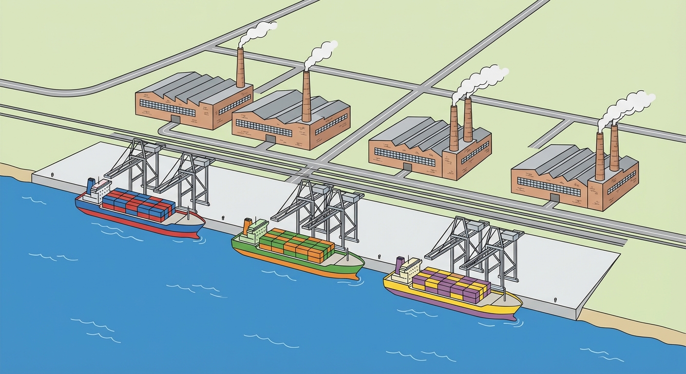 Schéma simple en vue aérienne : une zone portuaire au bord de la mer bleue. On voit 3 gros navires porte-conteneurs à quai, des grues, et juste derrière, 4 grandes usines rectangulaires avec des cheminées, directement reliées au port.