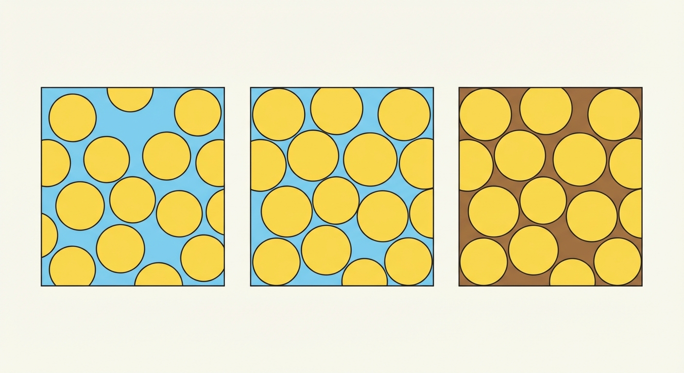 Schéma en trois étapes alignées horizontalement. Étape 1 : des ronds jaunes (grains) espacés avec du bleu (eau) entre eux. Étape 2 : les ronds sont rapprochés, moins de bleu. Étape 3 : les ronds se touchent et l'espace entre eux est rempli de matière marron (ciment).