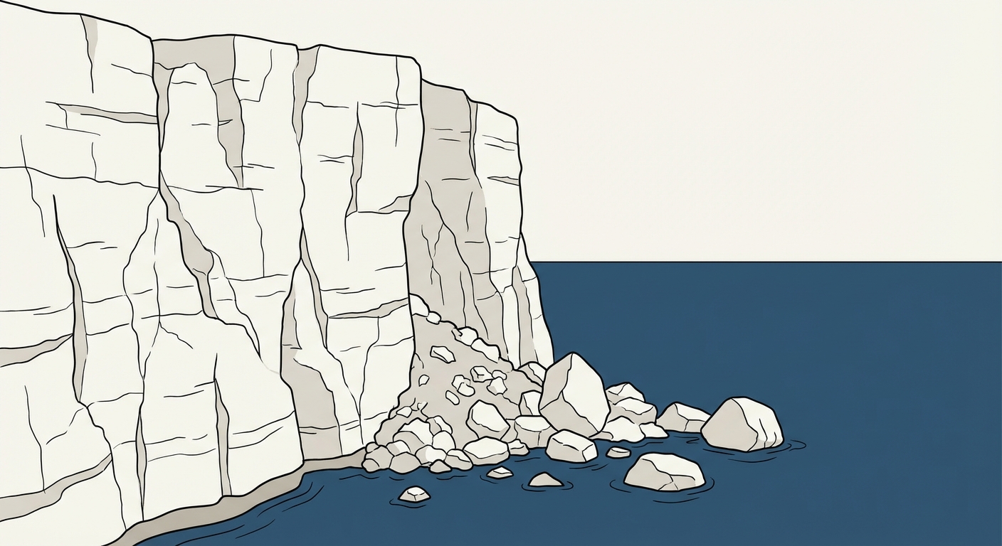 Schéma réaliste d'une falaise calcaire blanche au bord de la mer. Des fissures sont visibles sur la paroi. En bas, un tas d'éboulis et de gros rochers tombés dans l'eau bleu foncé.