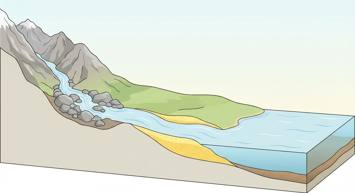 Schéma en coupe longitudinale d'un cours d'eau allant de la montagne à la mer. À gauche (pente forte), de gros rochers gris au fond. Au milieu (pente douce), du sable jaune au fond. À droite (mer calme), de la vase fine brune au fond.
