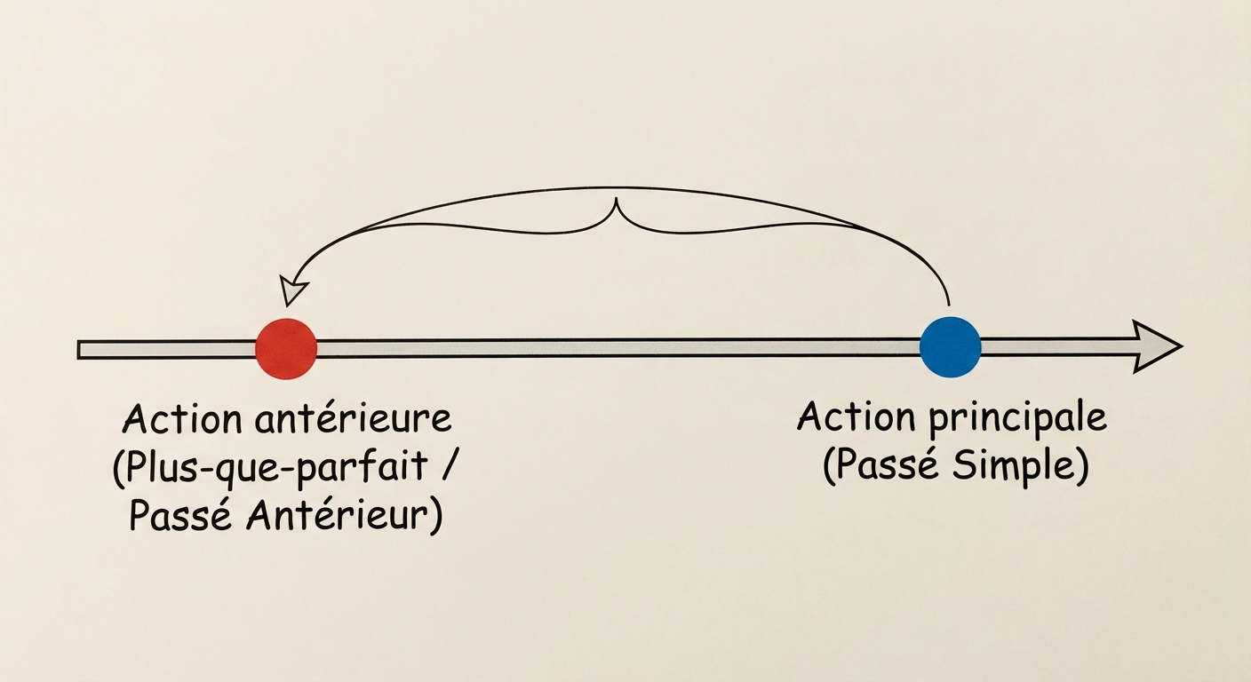Schéma chronologique minimaliste. Une ligne de temps horizontale. Un point bleu à droite marqué 'Action principale (Passé Simple)'. Un point rouge à gauche, marqué 'Action antérieure (Plus-que-parfait / Passé Antérieur)'. Une accolade relie les deux vers l'arrière.