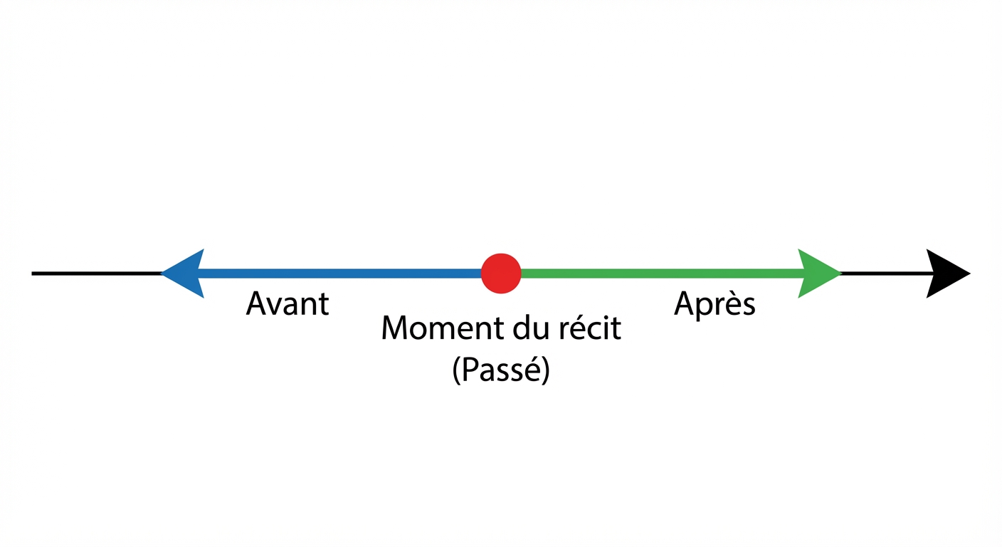 Schéma simple sur fond blanc. Une ligne horizontale noire représente le temps, fléchée vers la droite. Au centre, un point rouge marqué 'Moment du récit (Passé)'. Une flèche bleue part du centre vers la gauche marquée 'Avant'. Une flèche verte part du centre vers la droite marquée 'Après'.