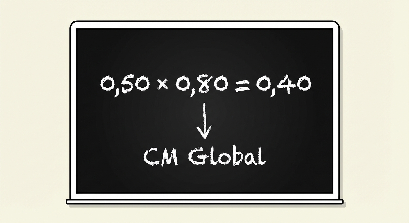 Illustration style tableau noir. Au centre, l'équation écrite à la craie blanche : '0,50 × 0,80 = 0,40'. Juste en dessous, une flèche indique 'CM Global'. Pas d'autres textes.
