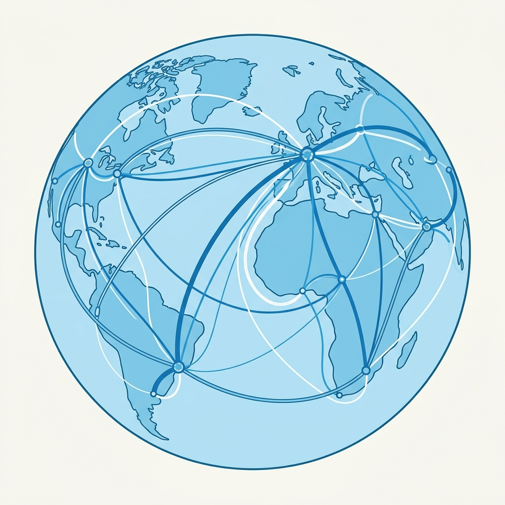 Dessin symbolique et vectoriel d'un globe terrestre épuré montrant des flux et des réseaux mondiaux interconnectés. Traits nets, style didactique de manuel scolaire sur fond clair, aucun texte ni drapeau.