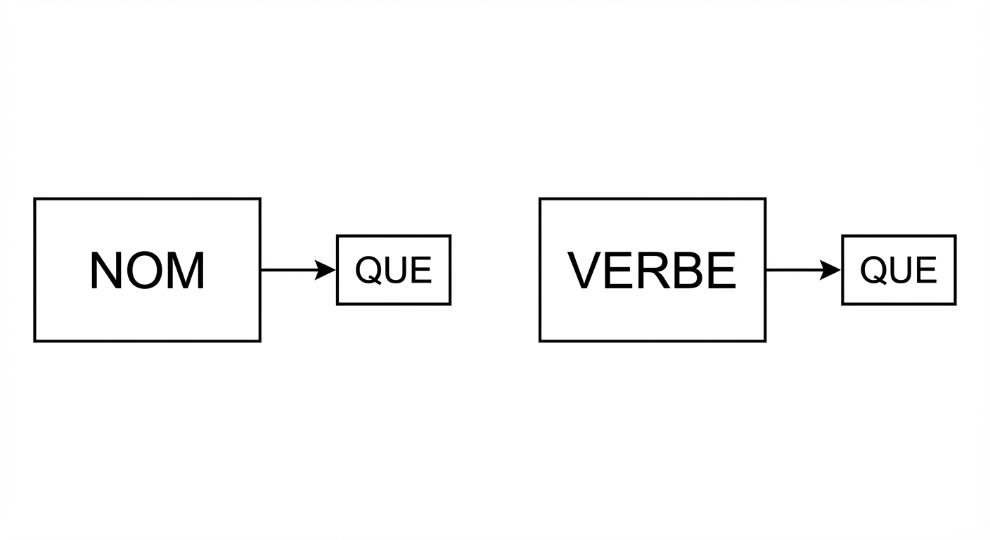 Schéma épuré sur fond blanc. À gauche : un rectangle avec le mot 'NOM' et une flèche pointant vers 'QUE'. À droite : un rectangle avec le mot 'VERBE' et une flèche pointant vers 'QUE'.