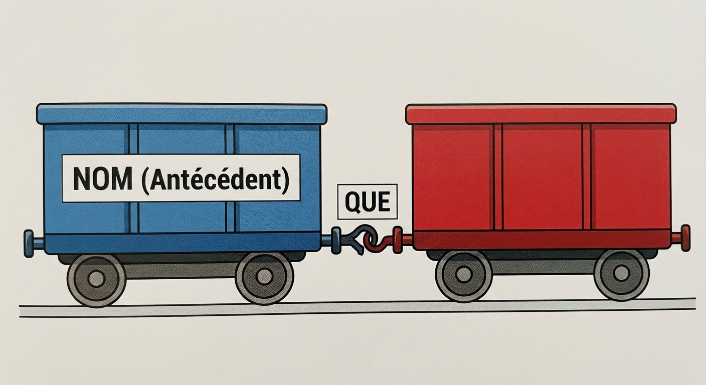 Illustration d'un crochet reliant deux wagons de train. Le premier wagon porte l'étiquette 'NOM (Antécédent)', le crochet est marqué 'QUE', le second wagon représente la suite de la phrase.