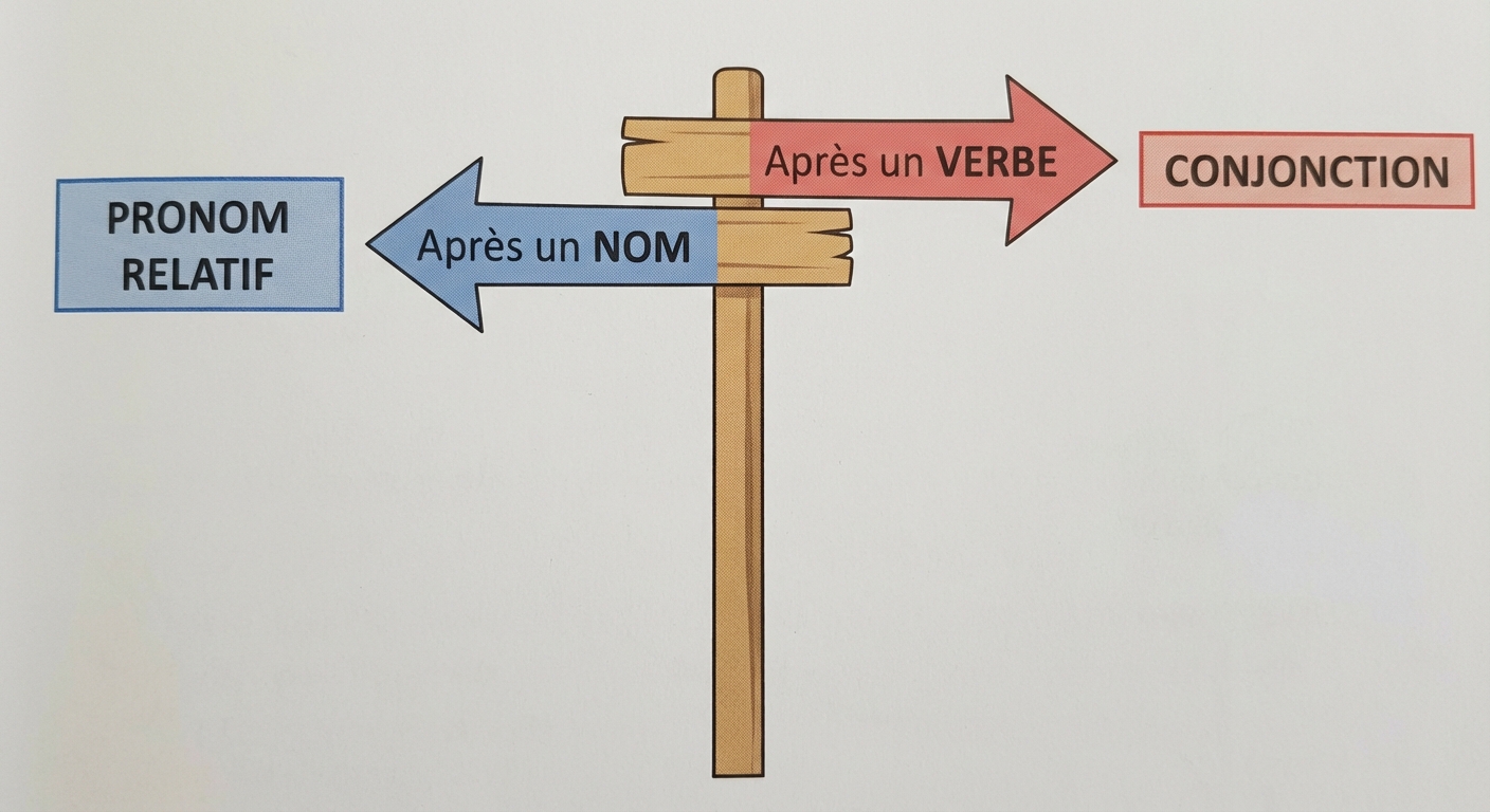 Panneau directionnel. Flèche gauche bleue : 'Après un NOM' mène vers 'PRONOM RELATIF'. Flèche droite rouge : 'Après un VERBE' mène vers 'CONJONCTION'.